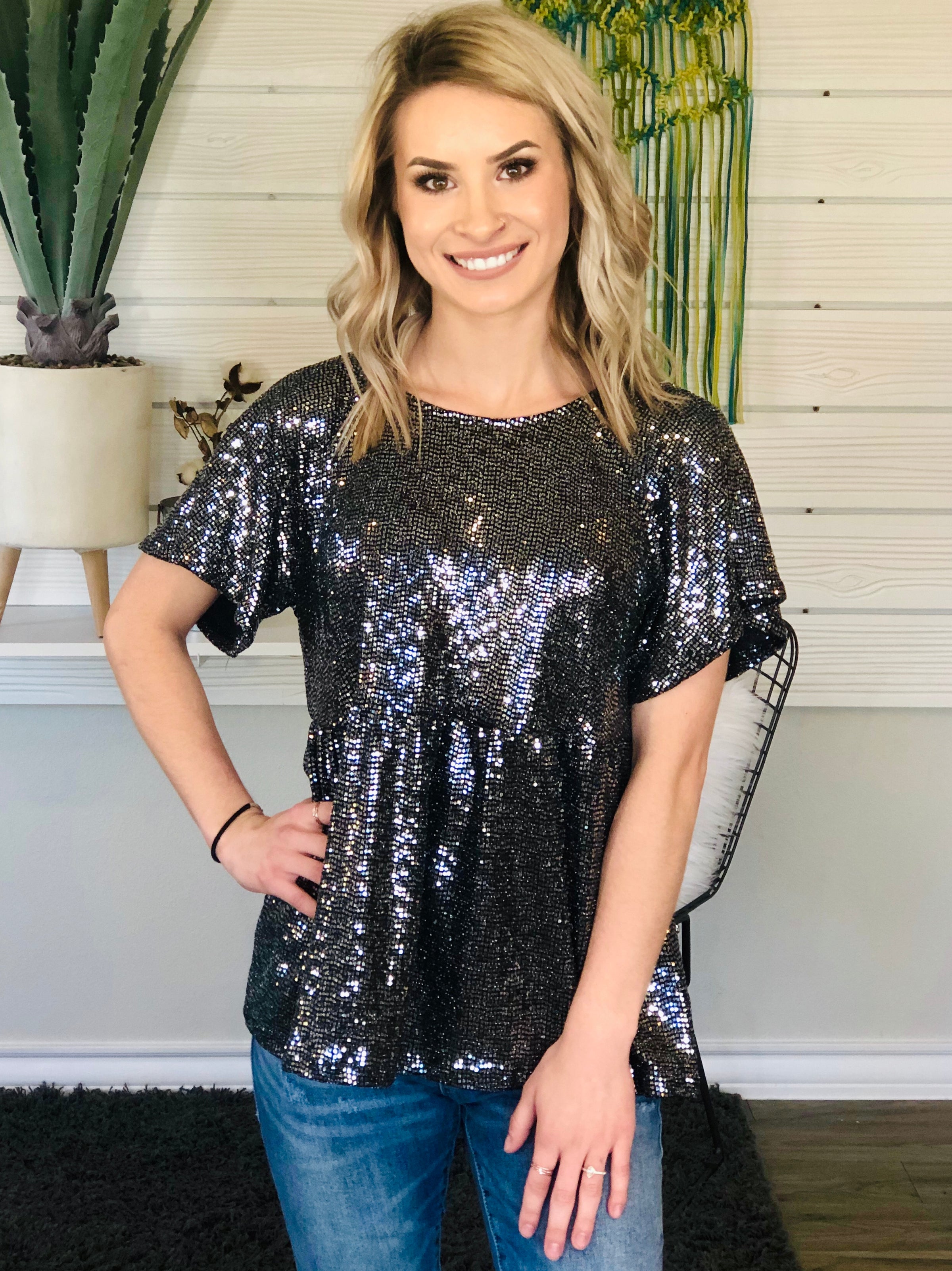 Black Sequin Babydoll Top – The ...
